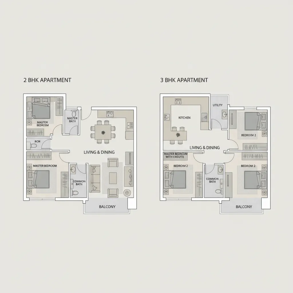 Visual layout comparison between 2 BHK and 3 BHK apartments