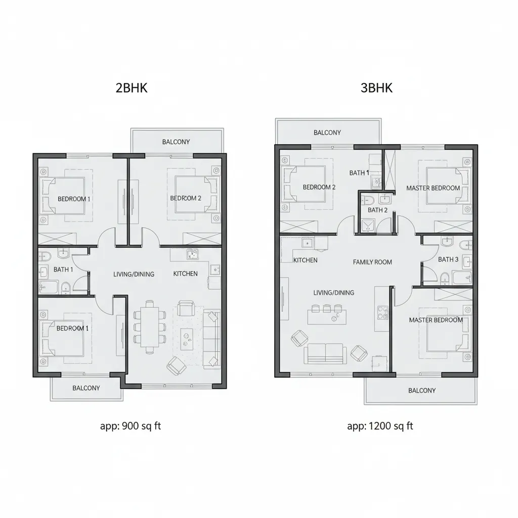 Visual comparison of room sizes in 2BHK vs 3BHK layouts