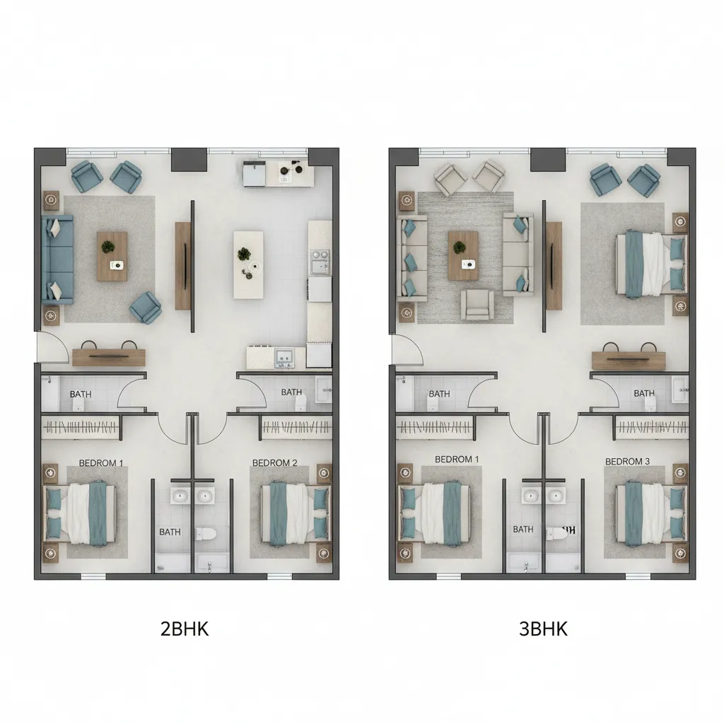 Visual comparison of living space and bedroom sizes between 2BHK and 3BHK layouts