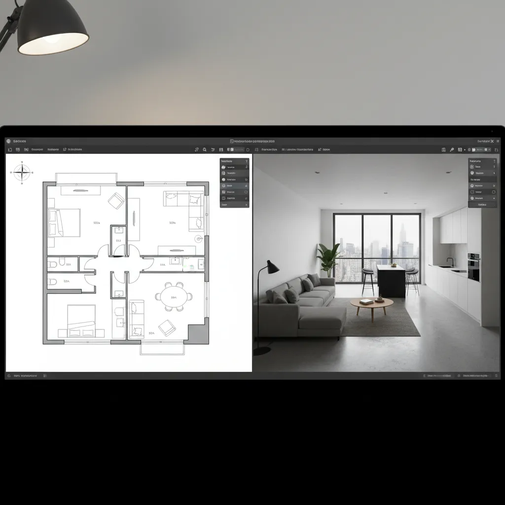 Digital interface showing 2D and 3D floor plan design layout