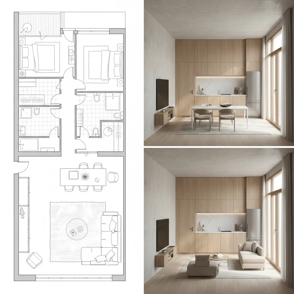 Side by side 2D floor plan and 3D interior visualization of a small apartment layout