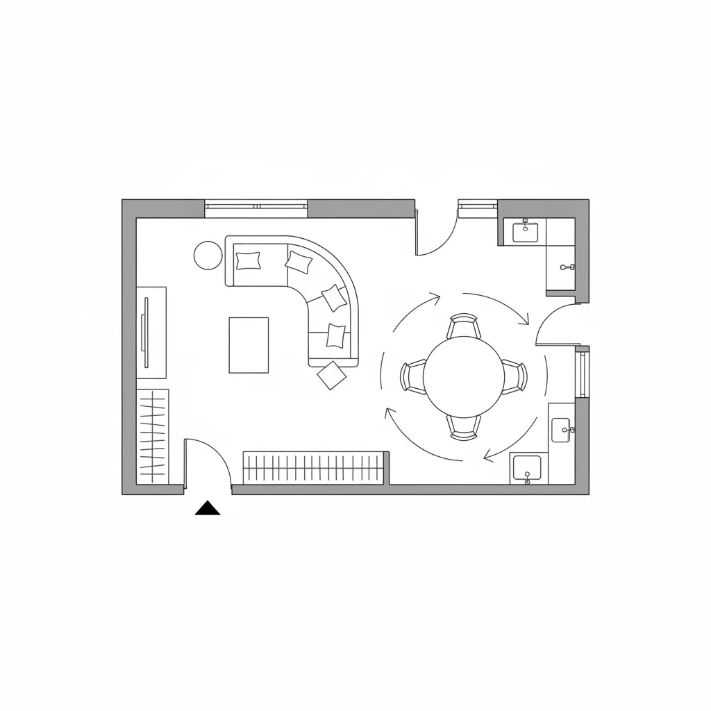 2D apartment floor plan with furniture layout planning and circulation paths