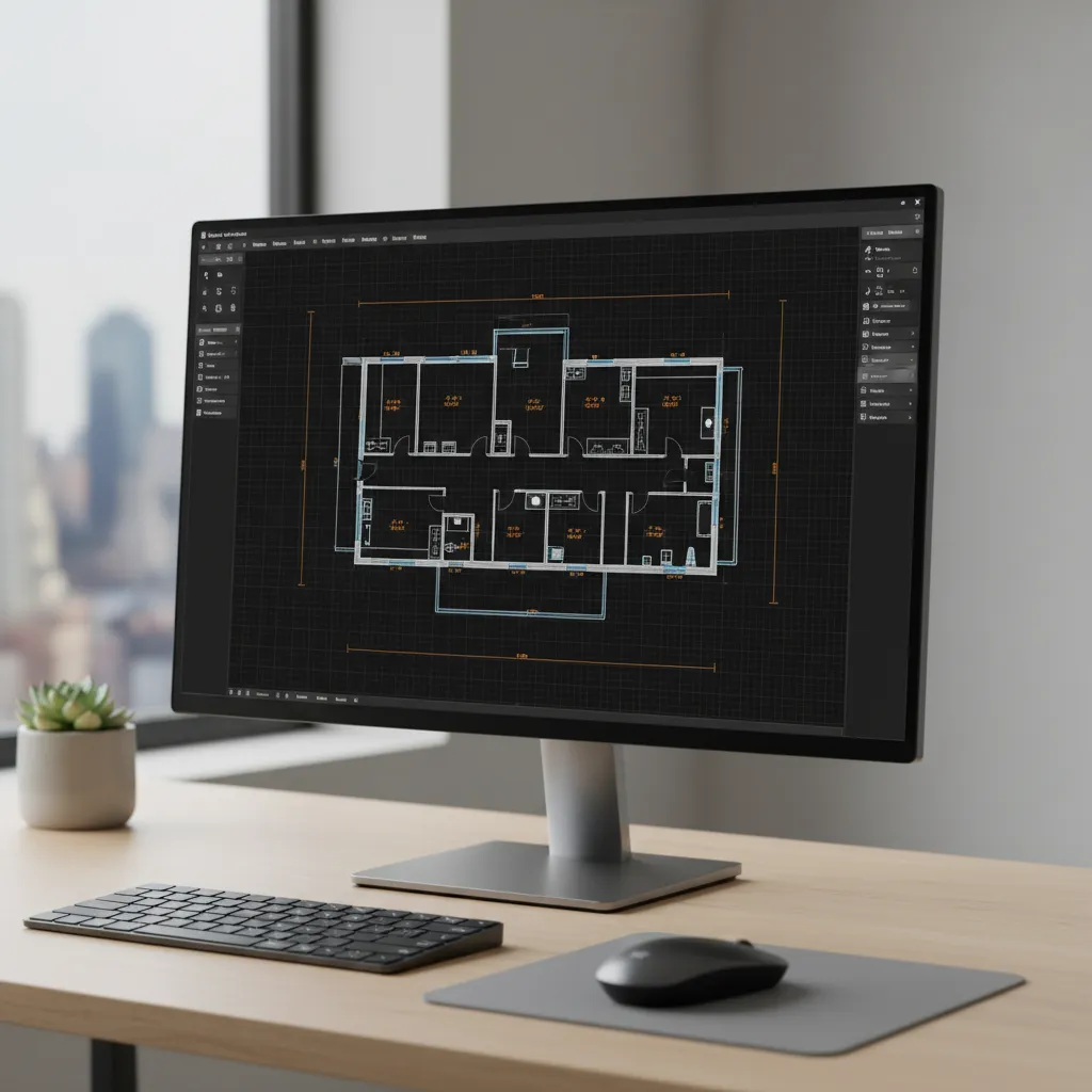 2D CAD drafting interface with floor plan lines and measurement guides