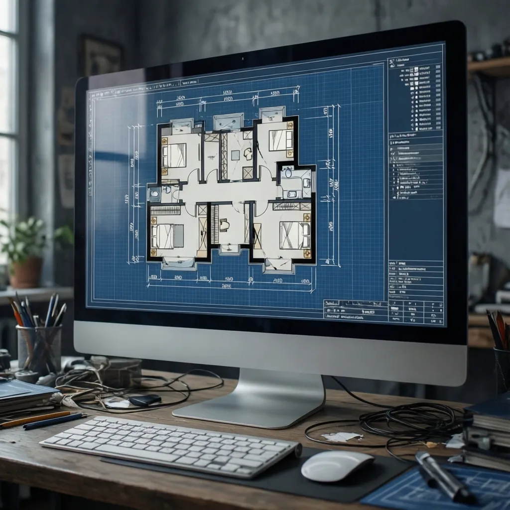 2D CAD drafting interface showing floor plan lines and dimensions