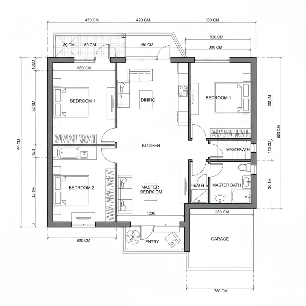 2D CAD architectural floor plan drawing with measurements