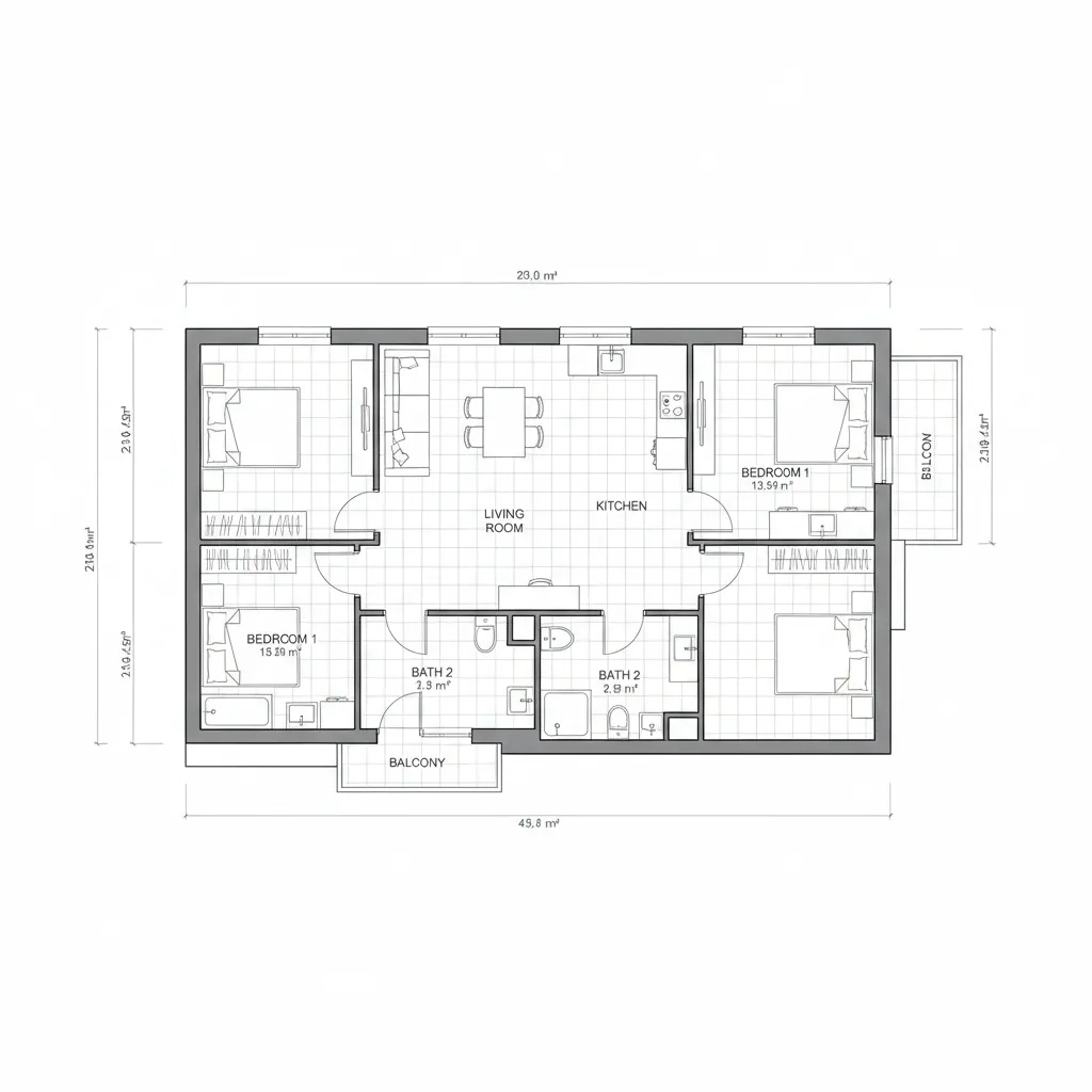 Detailed 2D CAD apartment floor plan showing walls furniture and measurements