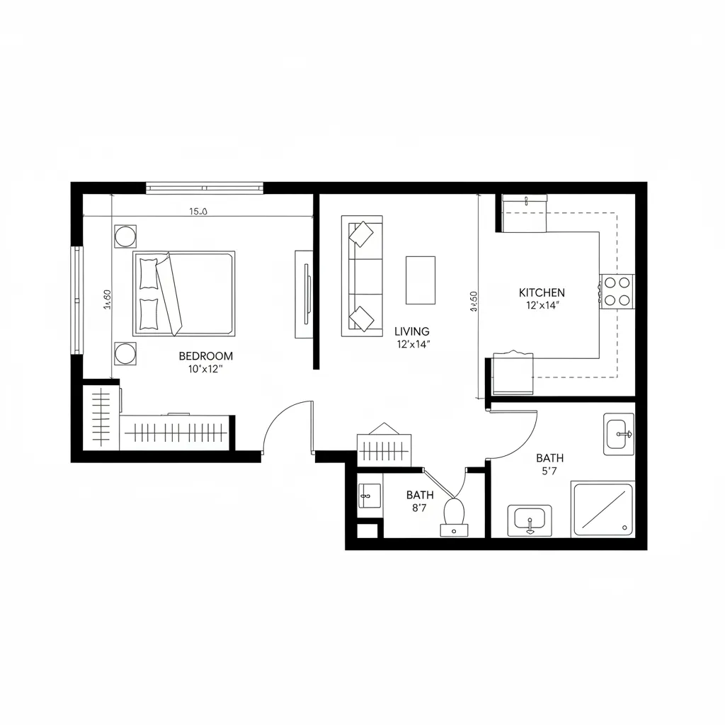 Clean 2D floor plan layout of a 480 sq ft studio apartment with labeled rooms