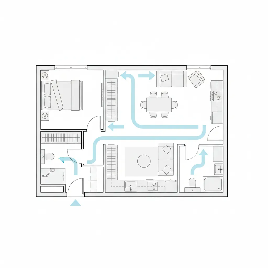 2D apartment floor plan highlighting circulation paths