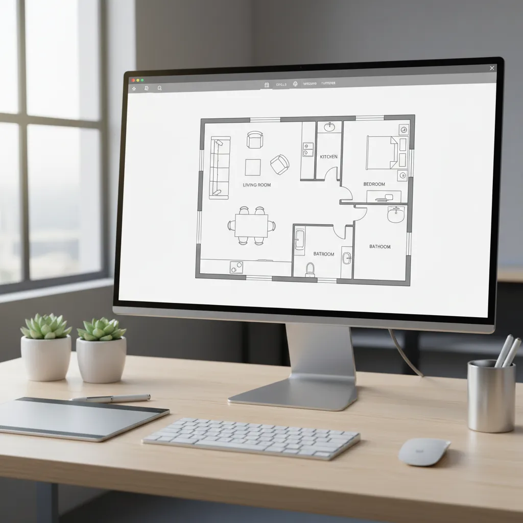 Desktop computer showing a two-dimensional room layout with labeled kitchen bedroom living room and bathroom