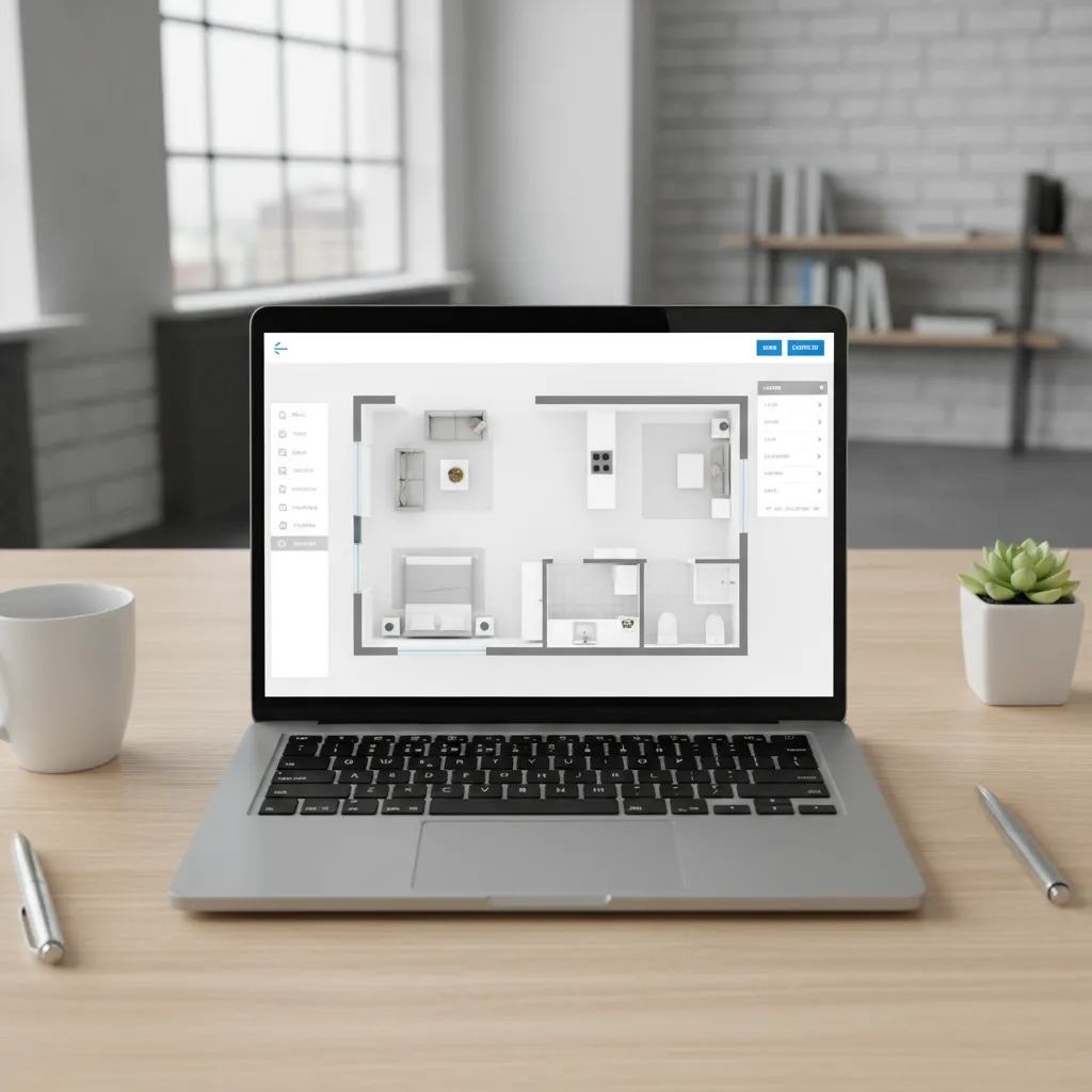 Laptop showing a simple 2D floor plan layout interface with furniture icons