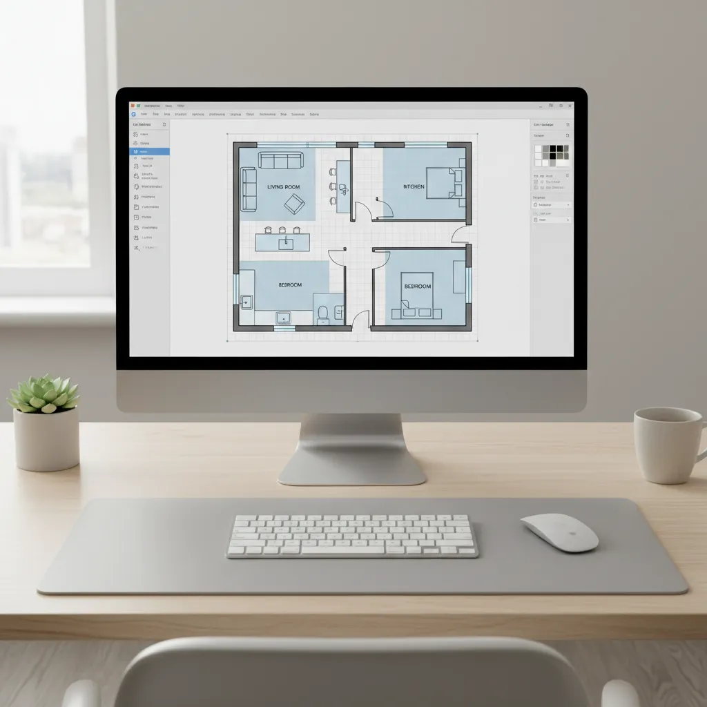 Laptop displaying a clean 2D floor plan layout with walls rooms and furniture symbols