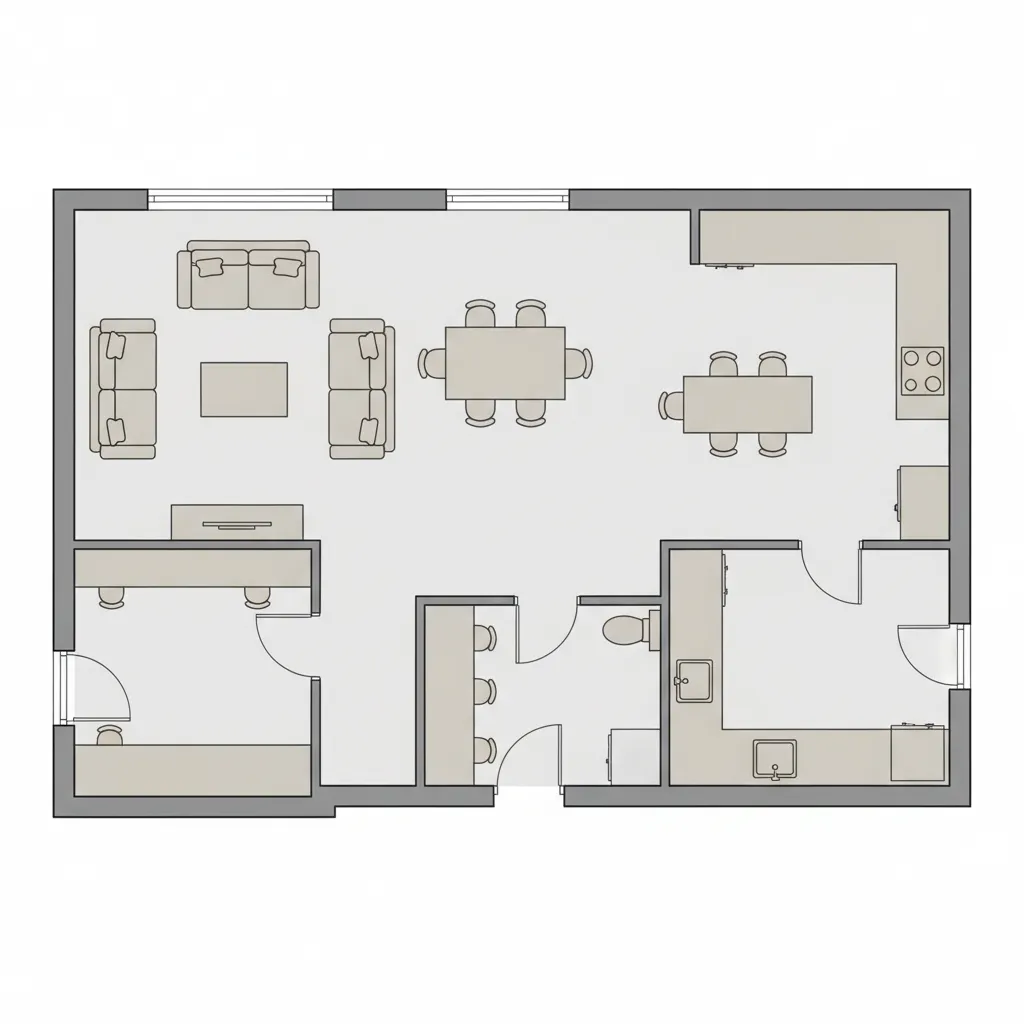 2D floor plan showing furniture placement for living room and kitchen