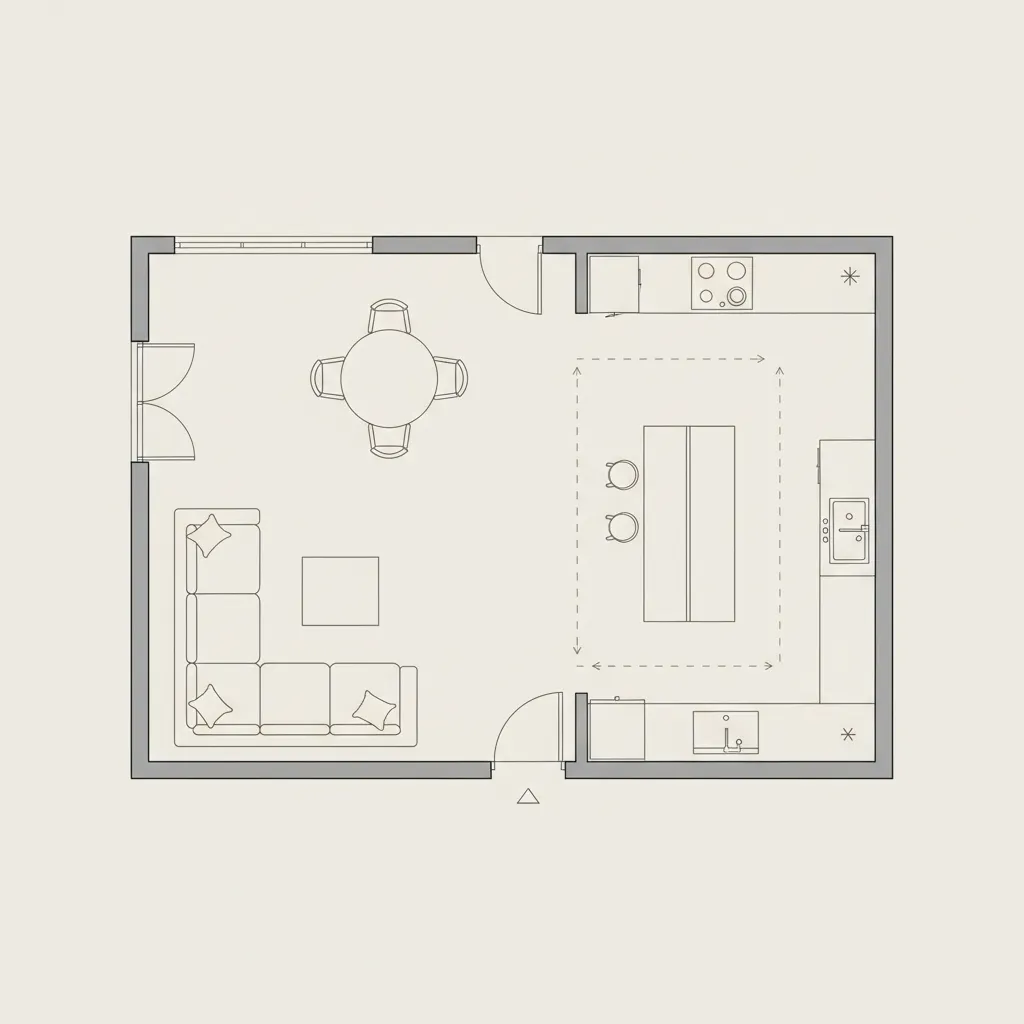 Example of 2D floor plan with furniture placement for living room and kitchen