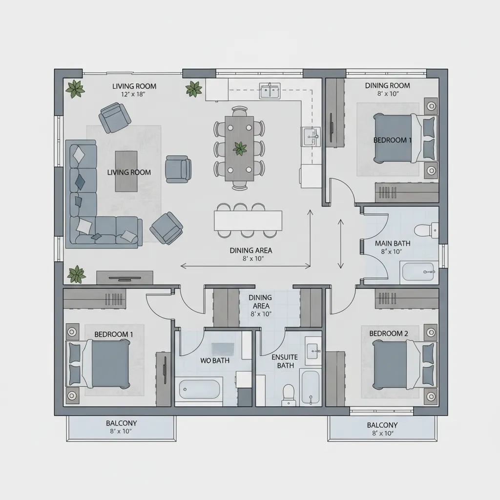 2D house floor plan layout with furniture placement and room measurements