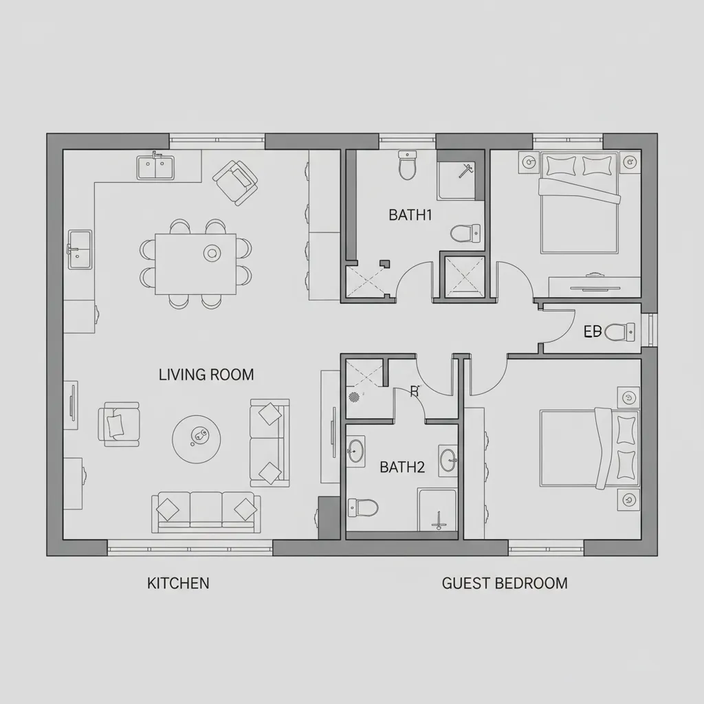 Clean 2D house floor plan layout with furniture placement and room labels