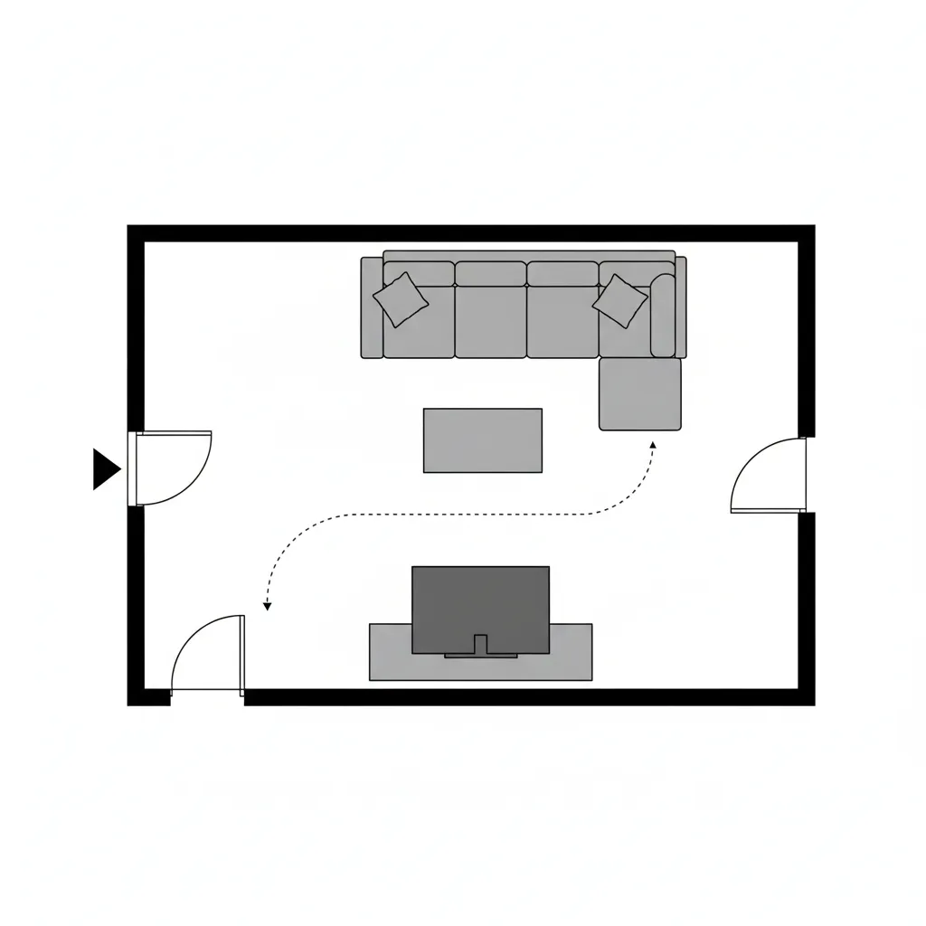 Simple 2D floor plan layout showing walls furniture and walking space