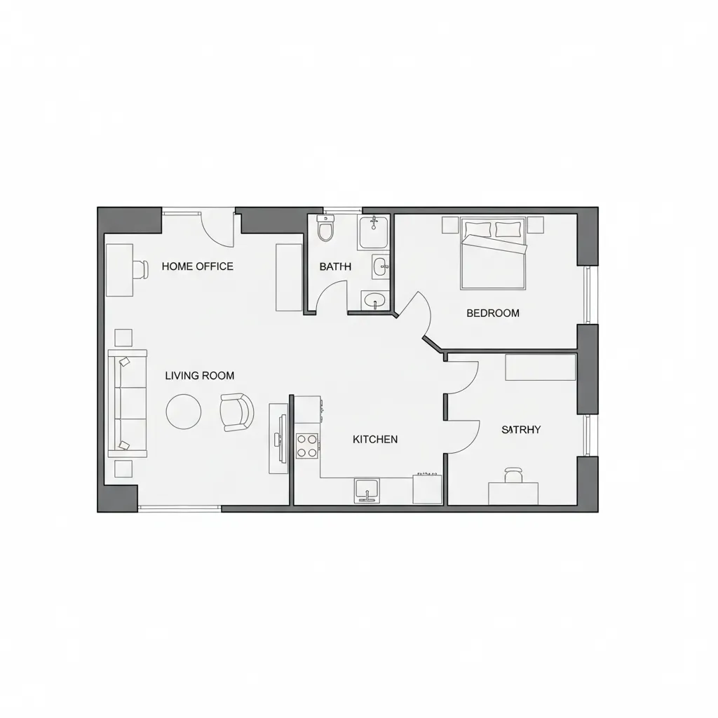 Clean 2D residential floor plan with labeled rooms and furniture layout