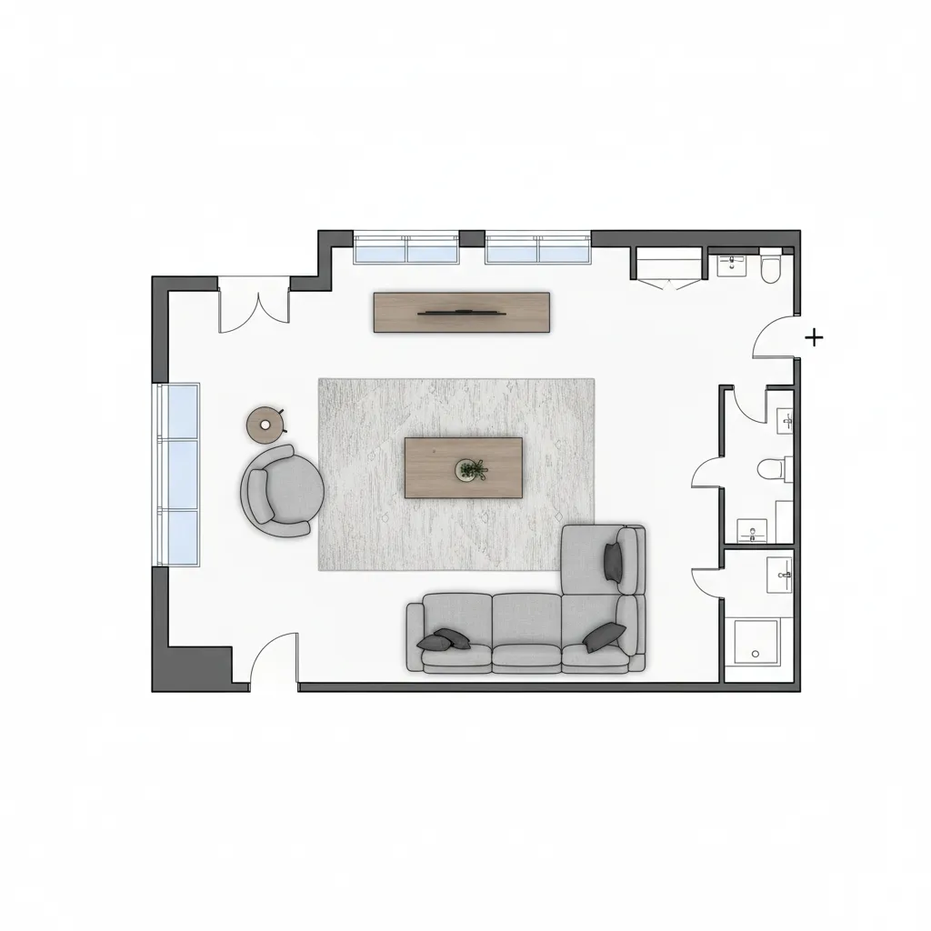 2D room floor plan layout with furniture arrangement