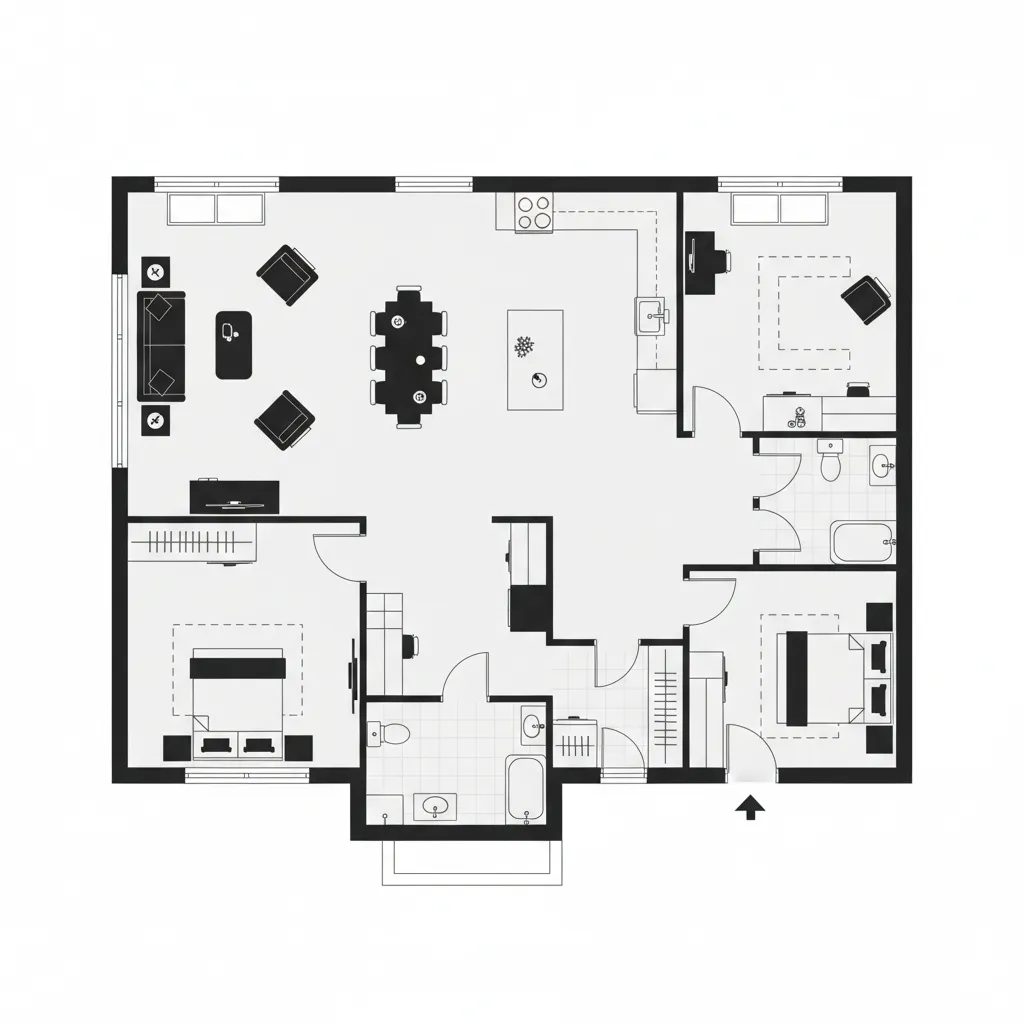 2D architectural floor plan layout with rooms and furniture placement