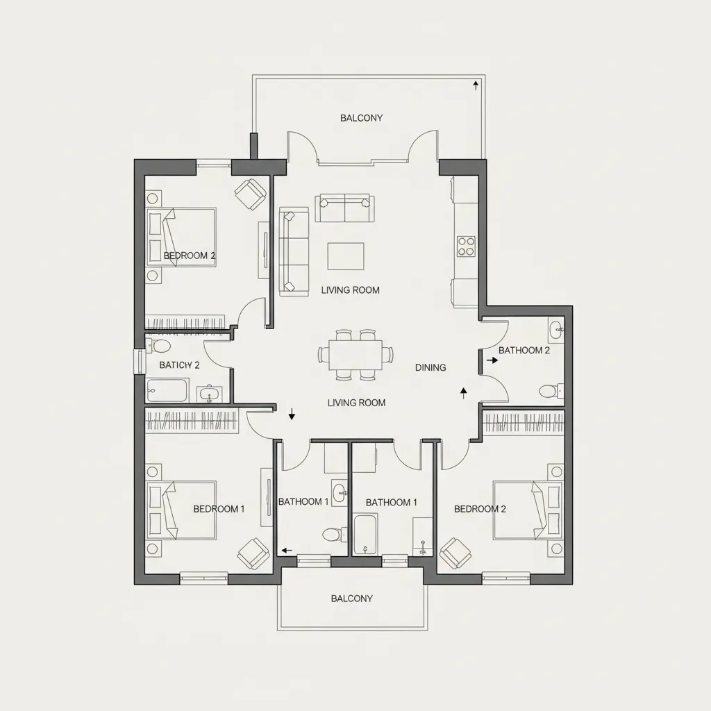 Clean 2D house floor plan layout showing rooms furniture and circulation paths