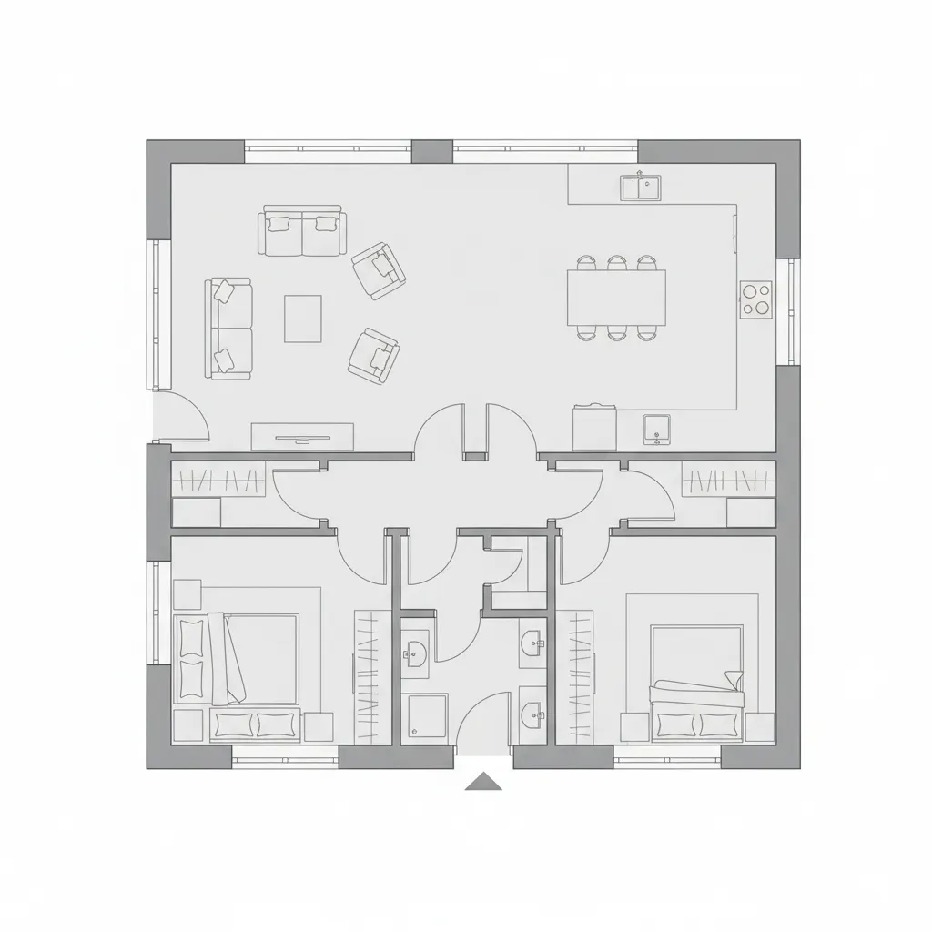 2D home floor plan layout with furniture placement and labeled rooms