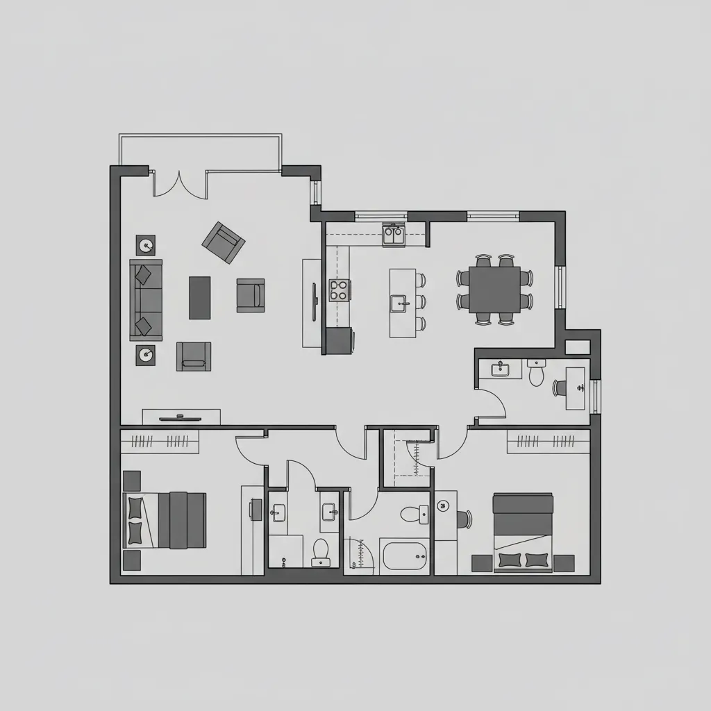 2D floor plan layout with furniture placement and room dimensions