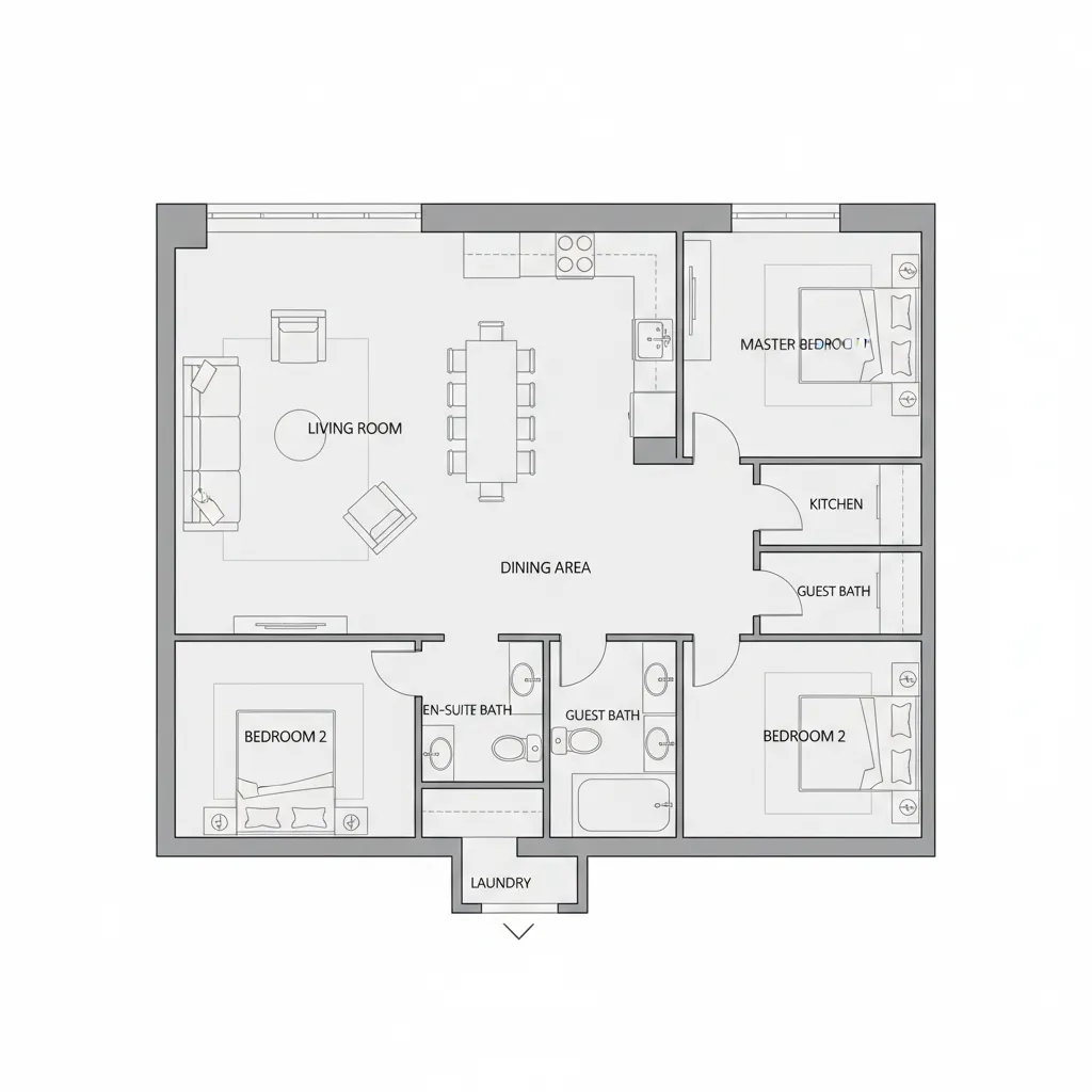 Detailed 2D home floor plan layout with rooms and furniture placement