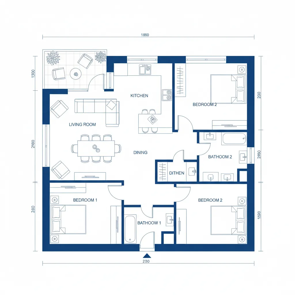 2D architectural floor plan layout with labeled rooms and furniture placement