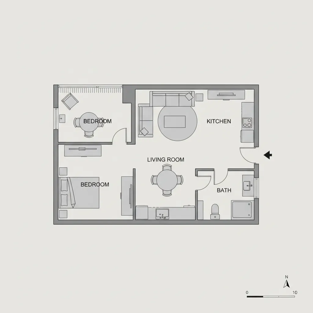 2D floor plan layout with walls furniture placement and clear circulation paths
