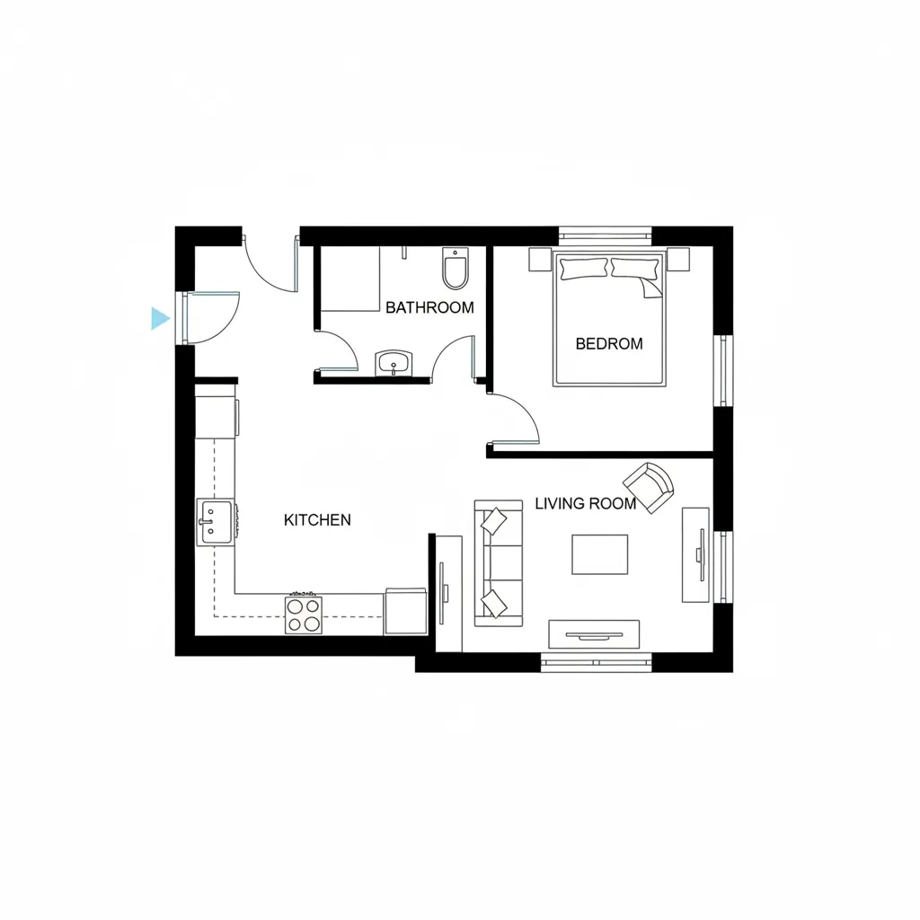 simple 2D house layout with labeled rooms doors and windows