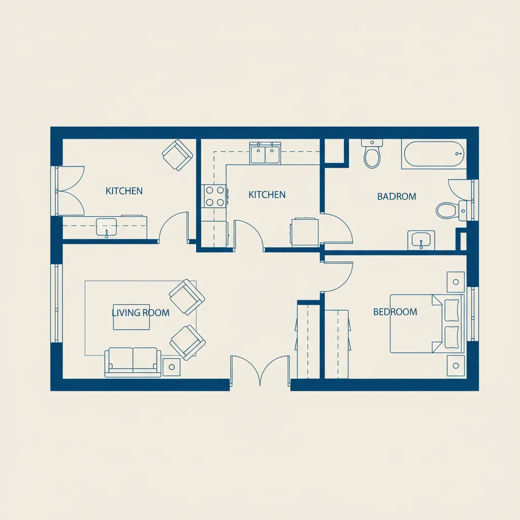 simple apartment 2D floor plan layout showing rooms and furniture arrangement