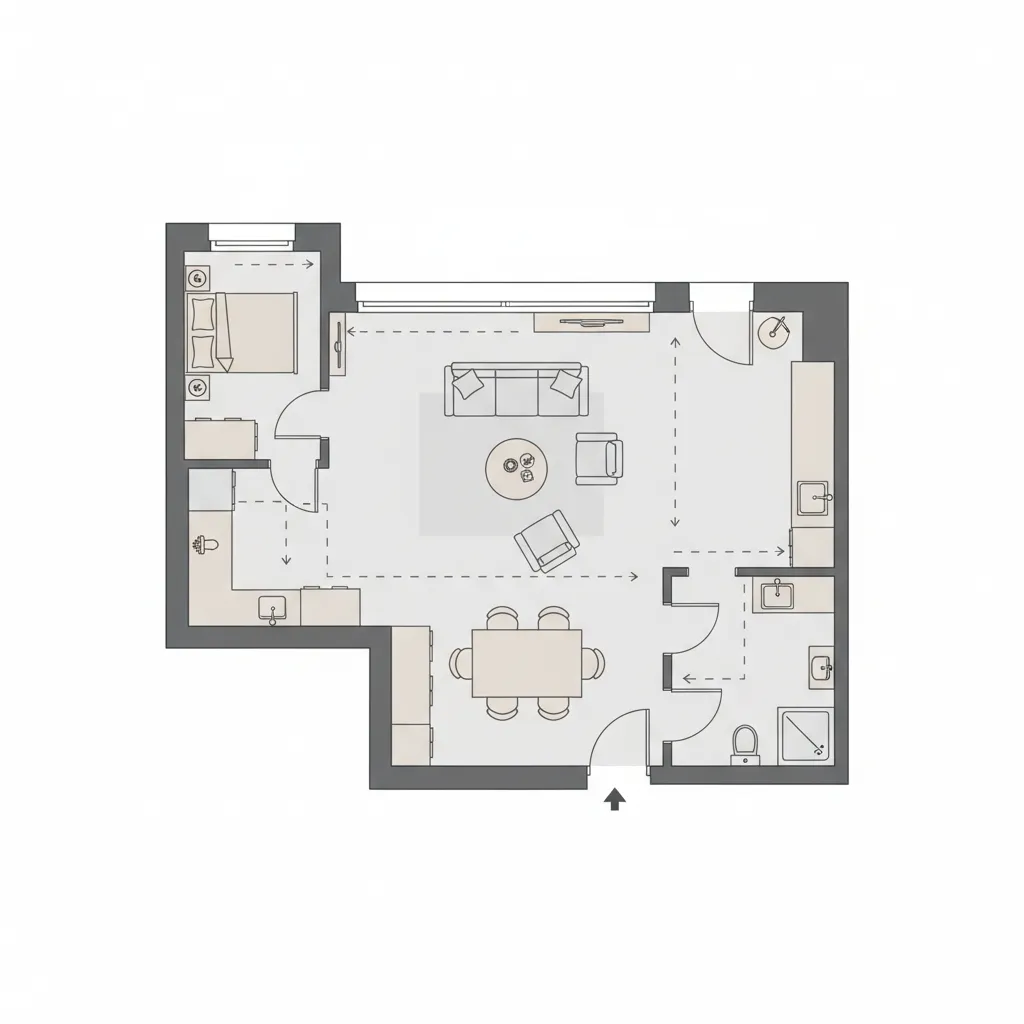 2D digital floor plan layout with furniture placement and walking space