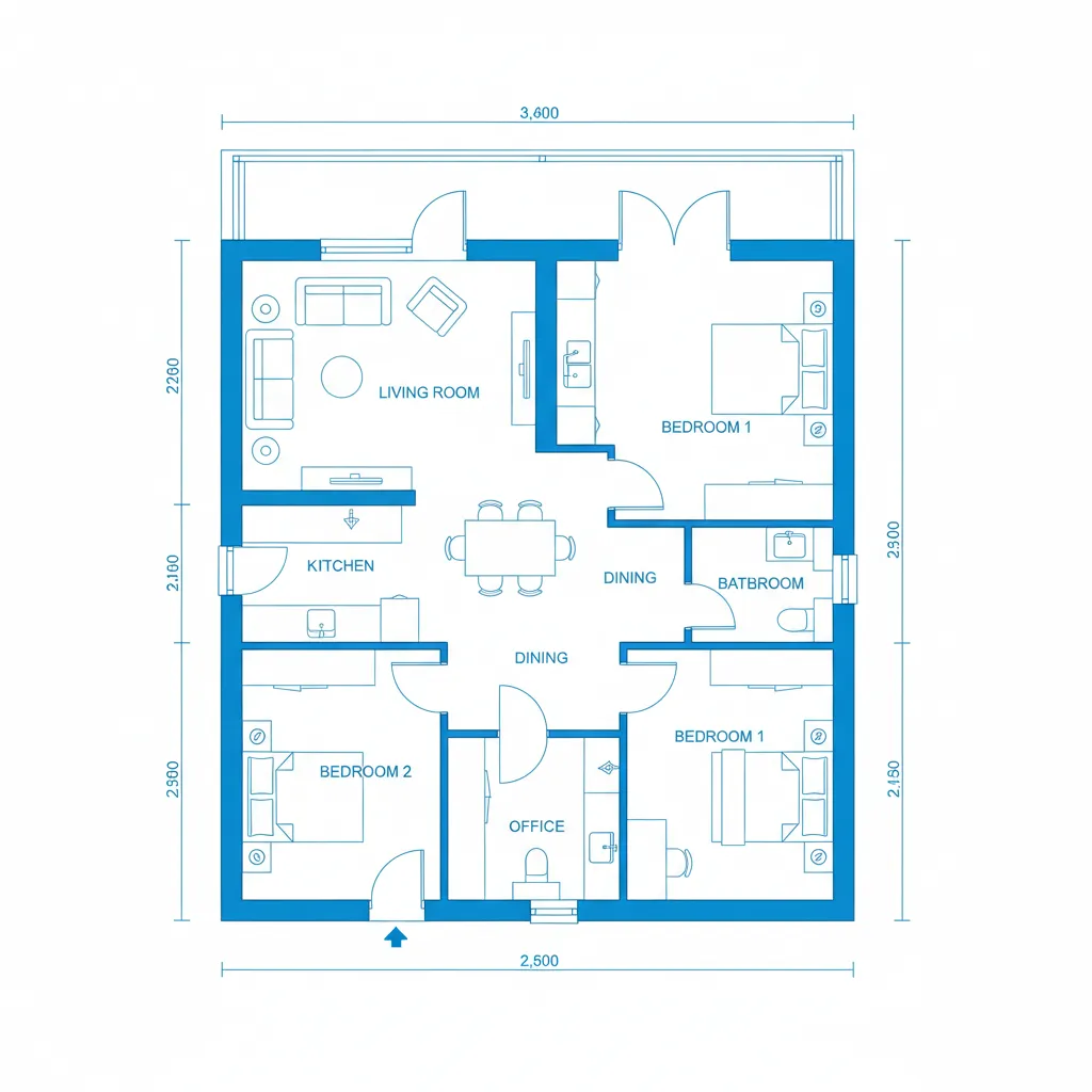 Simple 2D architectural floor plan with labeled rooms and furniture placement