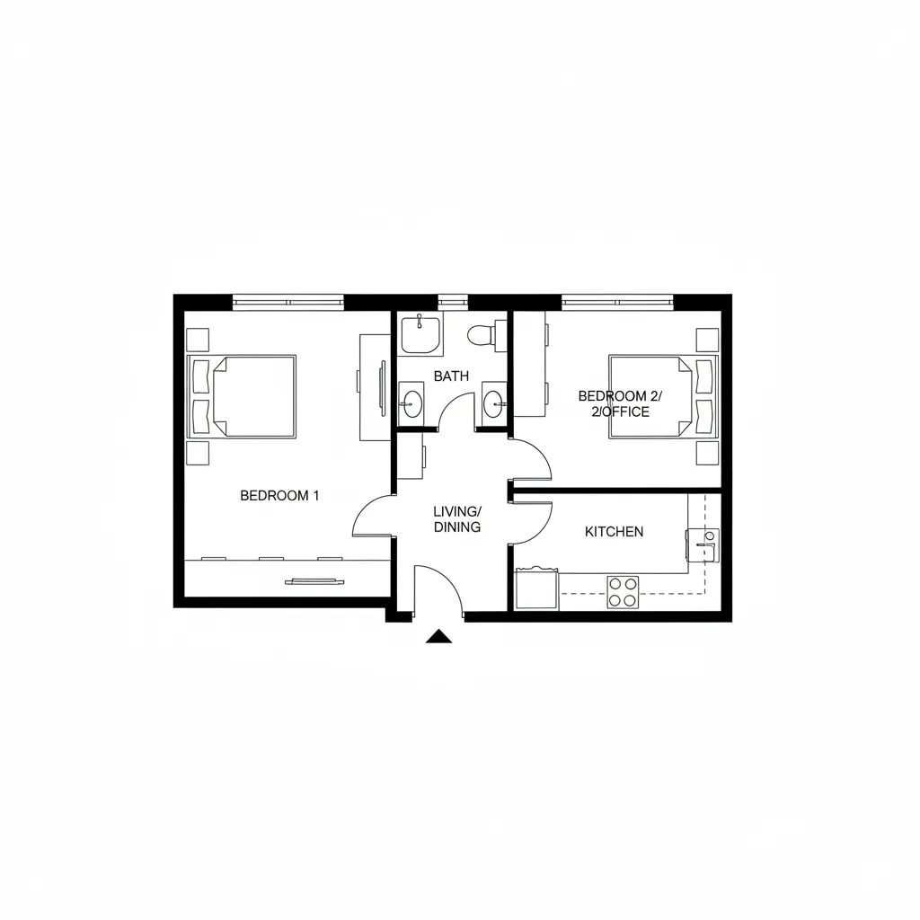 Clean architectural 2D floor plan layout of a modern apartment