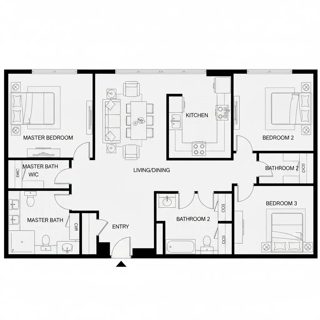 clean residential 2D floor plan layout showing furniture placement and room dimensions