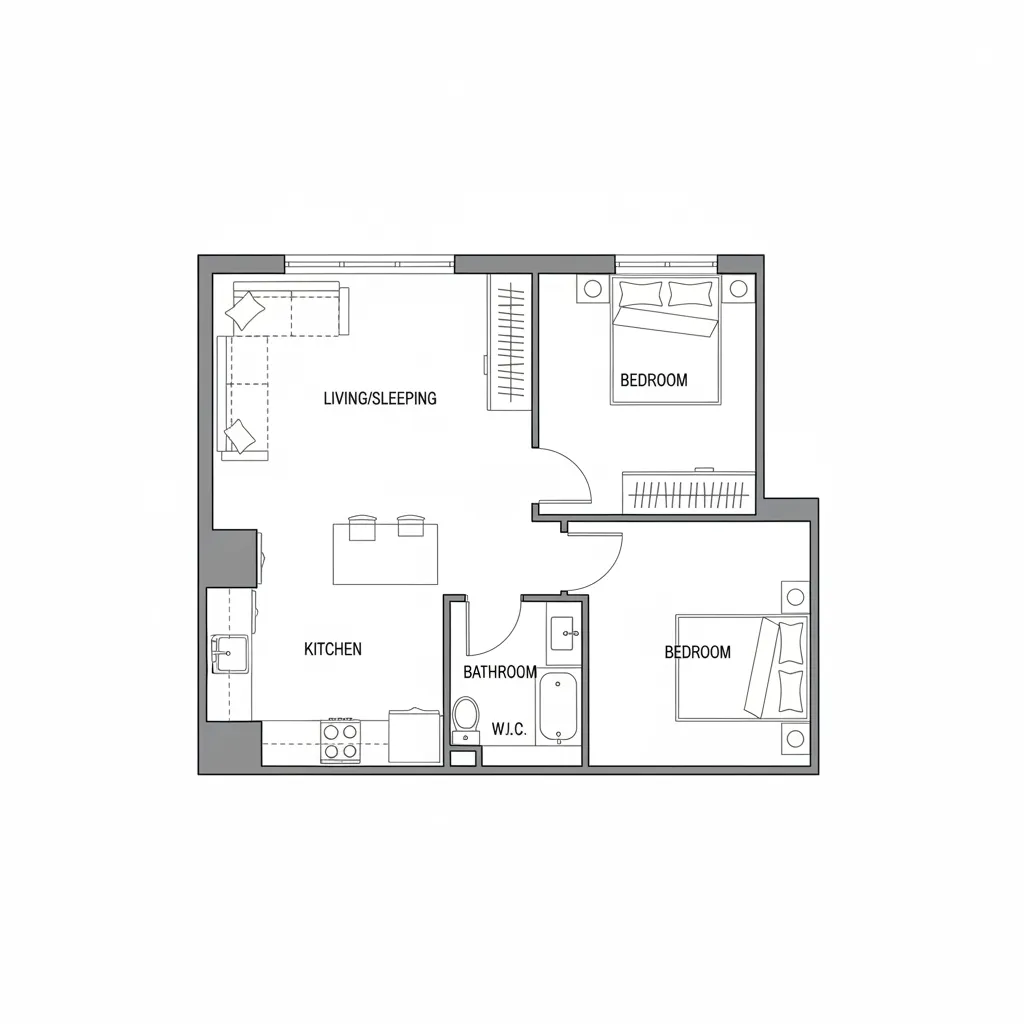 clean 2D apartment floor plan layout with labeled rooms and furniture arrangement