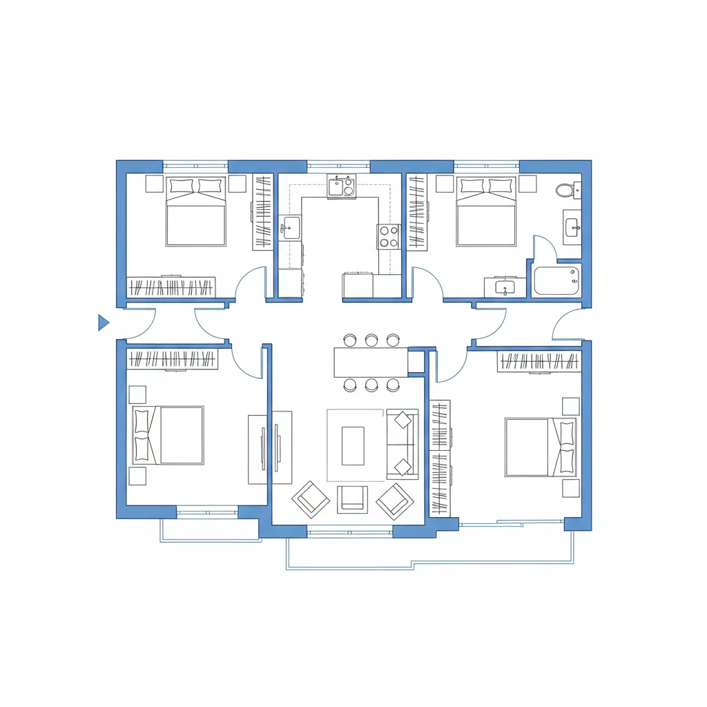 Example of a clear residential 2D floor plan showing living room kitchen bedroom and furniture layout