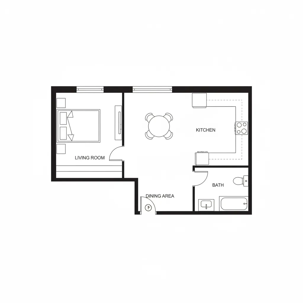 clean 2D apartment floor plan layout with labeled rooms and furniture placement