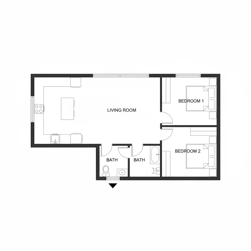 Simple residential 2D floor plan layout showing living room kitchen bedroom zones