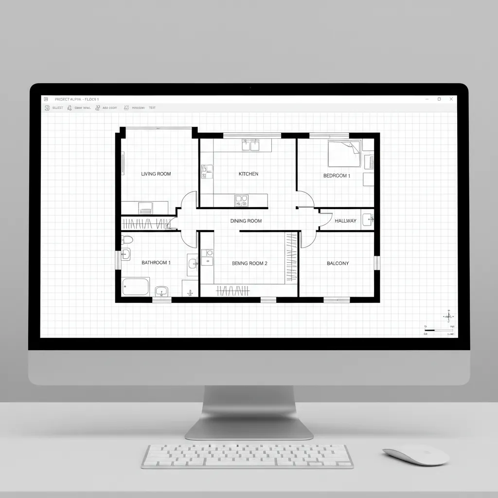 Digital 2D floor plan with rooms walls and measurement grid visible