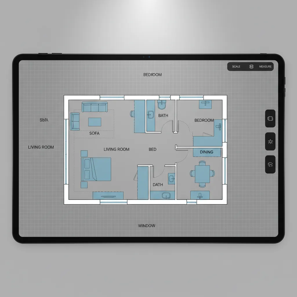 2D digital floor plan layout grid showing walls doors and furniture placement