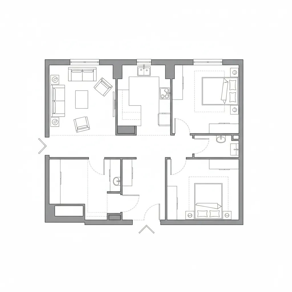 Example 2D floor plan showing living room kitchen and bedroom zones