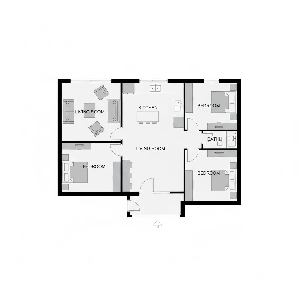 Clear 2D floor plan showing living room kitchen and bedroom layout zones