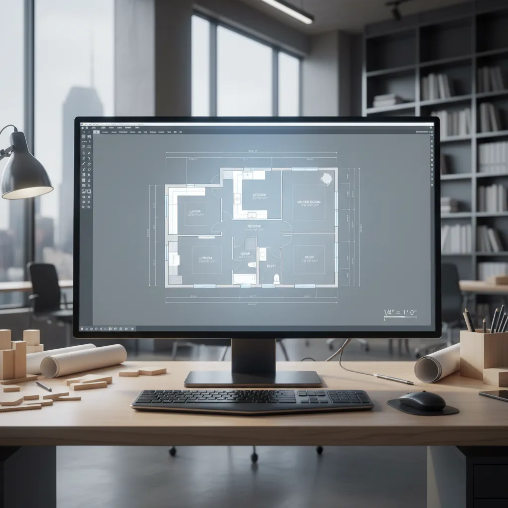 Computer monitor on wooden desk showing a house floor plan with rooms in professional software