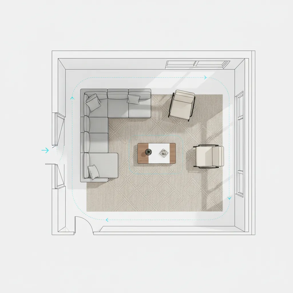 Simple 2D floor plan showing furniture placement and circulation space