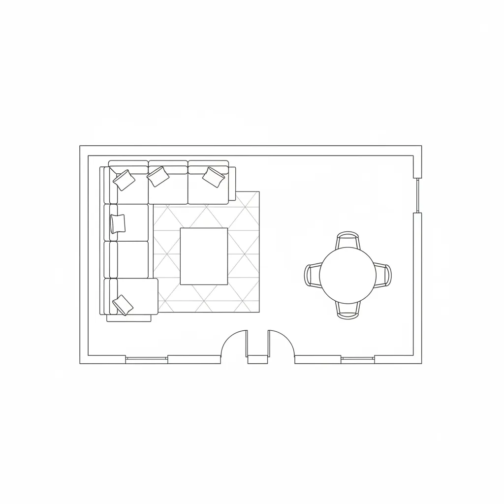 2D floor plan layout with sofa dining table and walking paths marked