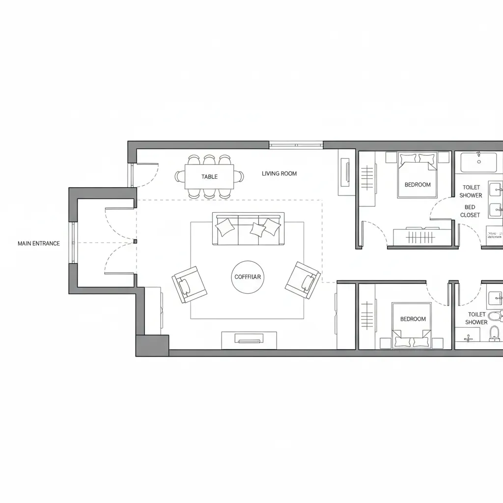 Clean 2D floor plan showing living room layout with furniture placement