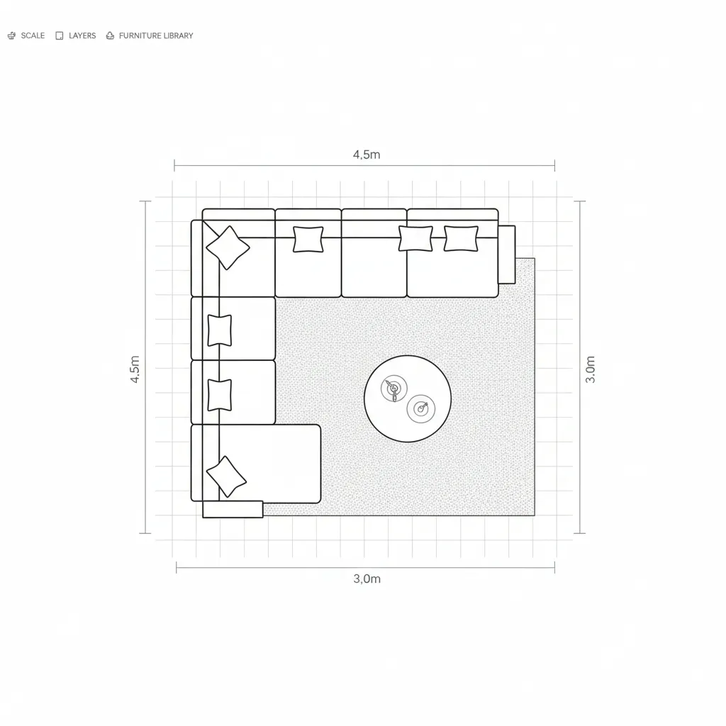2D room planner layout with furniture placement and measurements