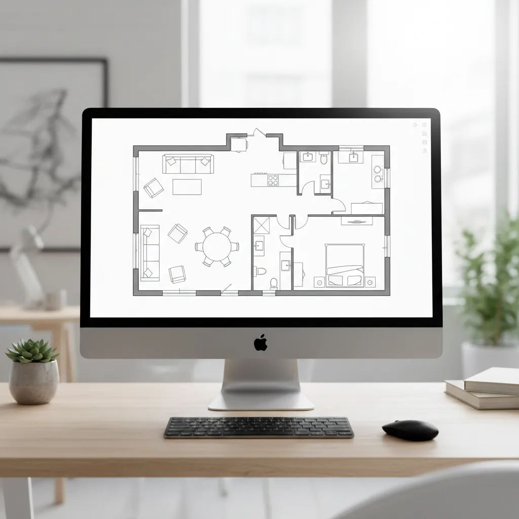 computer screen displaying a clean 2D apartment floor plan layout created with planning software