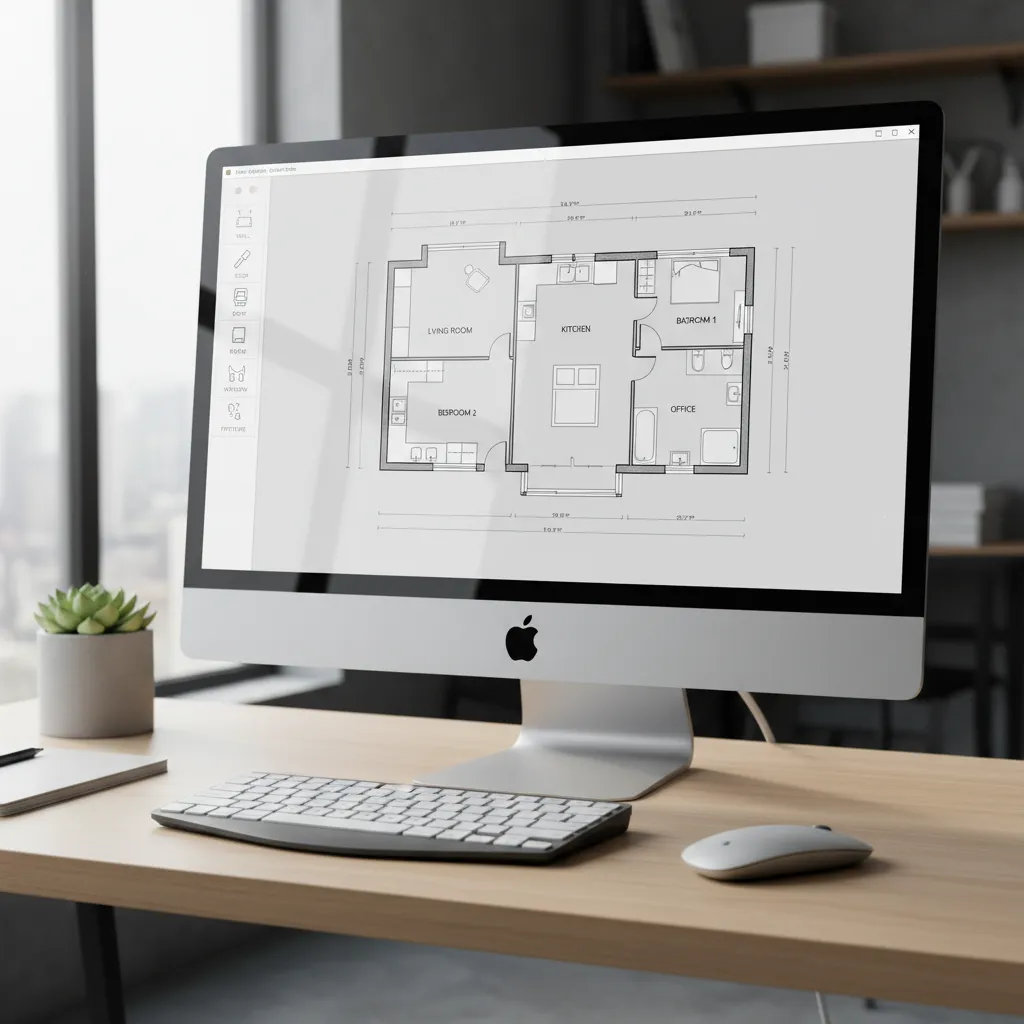 Computer screen displaying a clean 2D floor plan layout with rooms and measurements